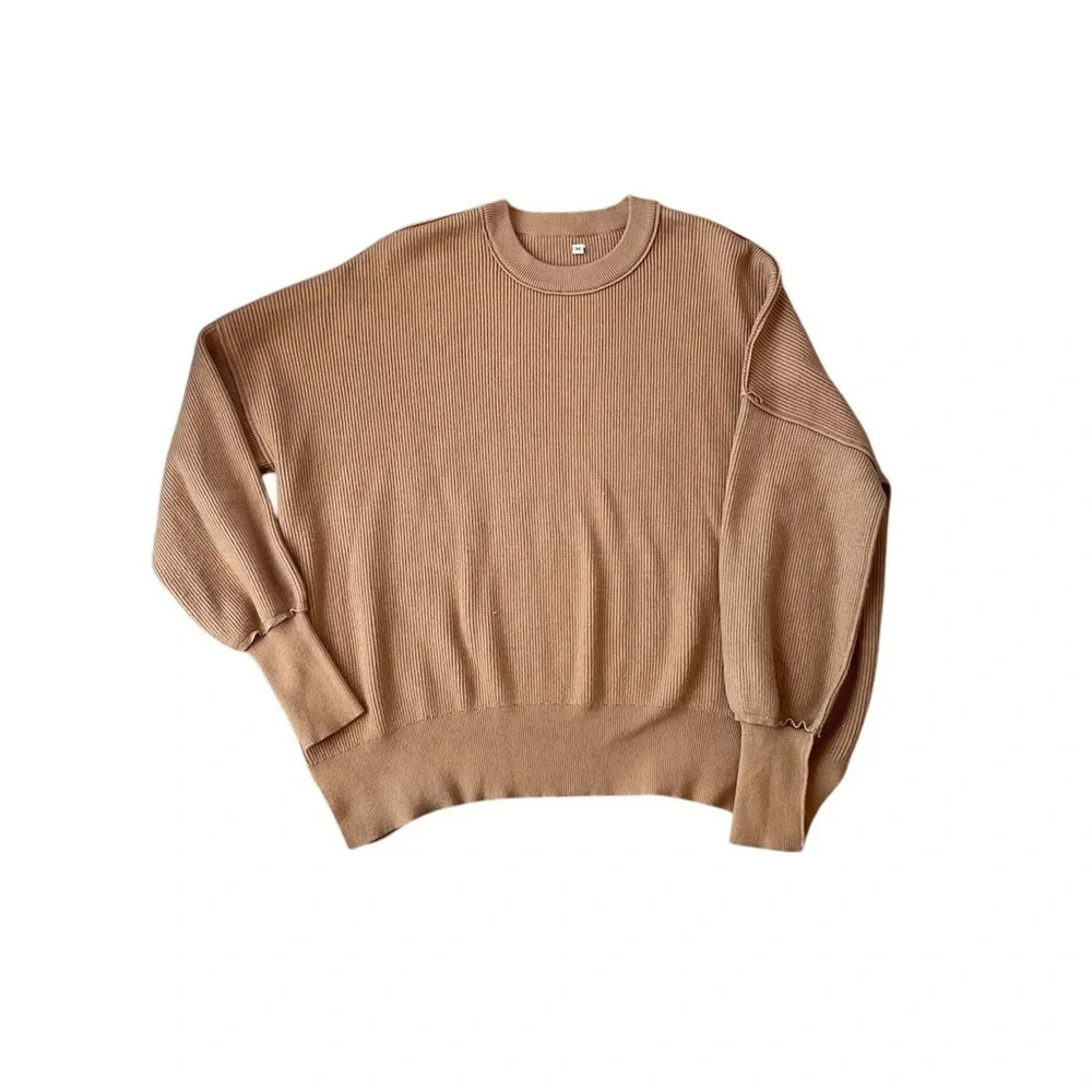 Brown/ Tan Crewneck Batwing Oversized Ribbed Pullover Sweater